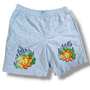 A.Lab Zumiez Swim Trunks Blue Streetwear Shorts Small Graphic Flower Flame